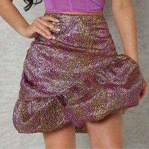 Metallic ruched ruffle hem mini skirt